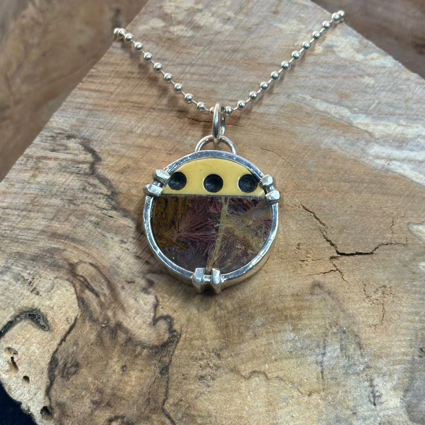1" round sterling silver pendant on ball chain with mosaic insert made of cathedral agate and butterscotch Bakelite domino