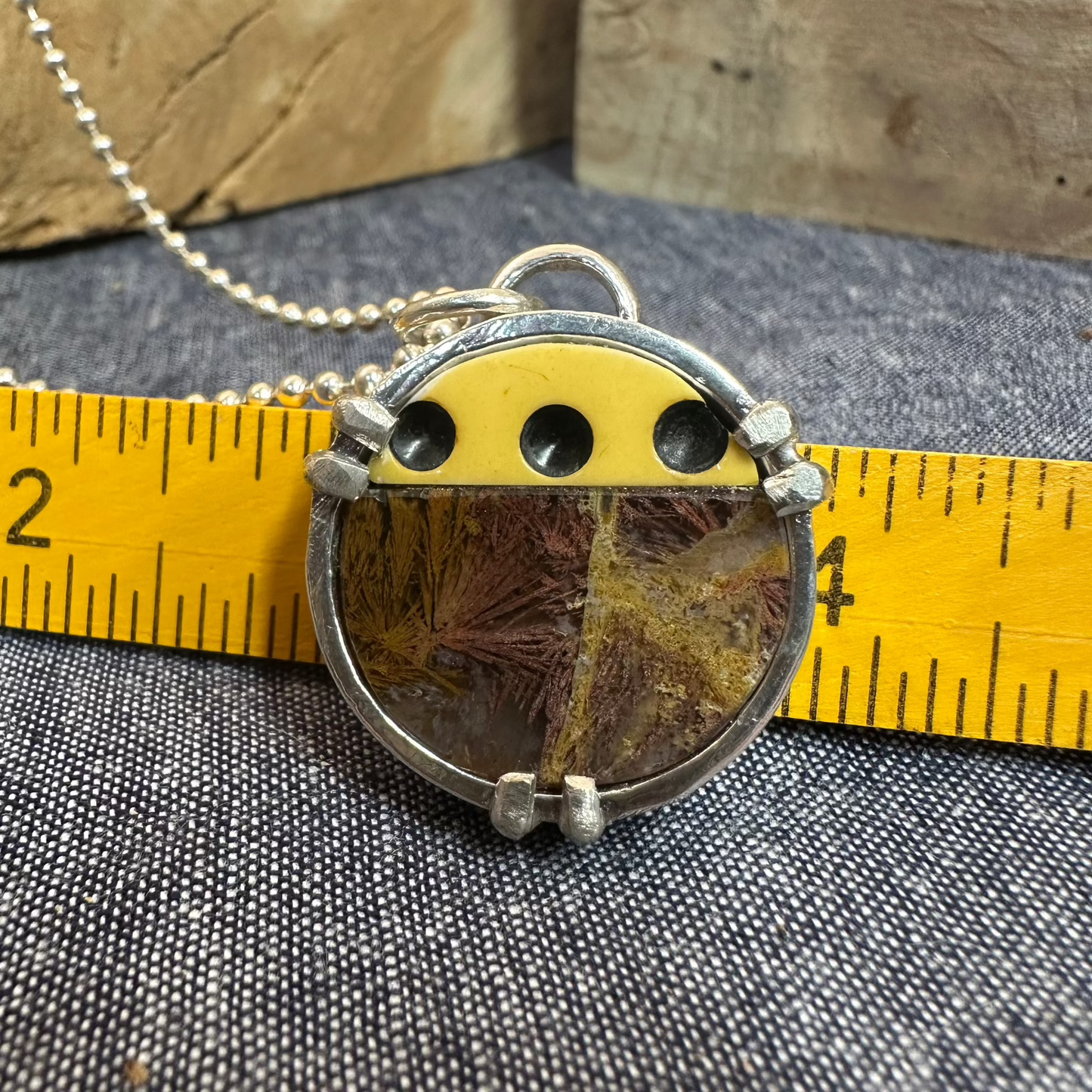 1" round sterling silver pendant on ball chain with mosaic insert made of cathedral agate and butterscotch Bakelite domino