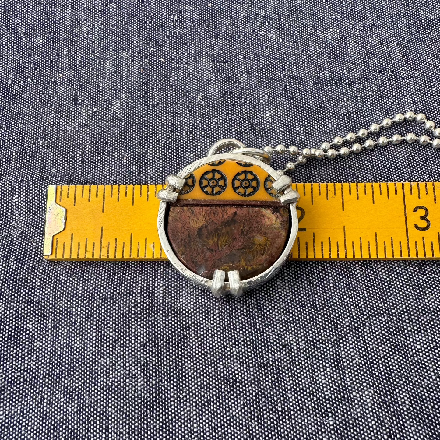 1" round sterling silver pendant on ball chain with mosaic insert made of cathedral agate, butterscotch Bakelite mahjong tile and walnut