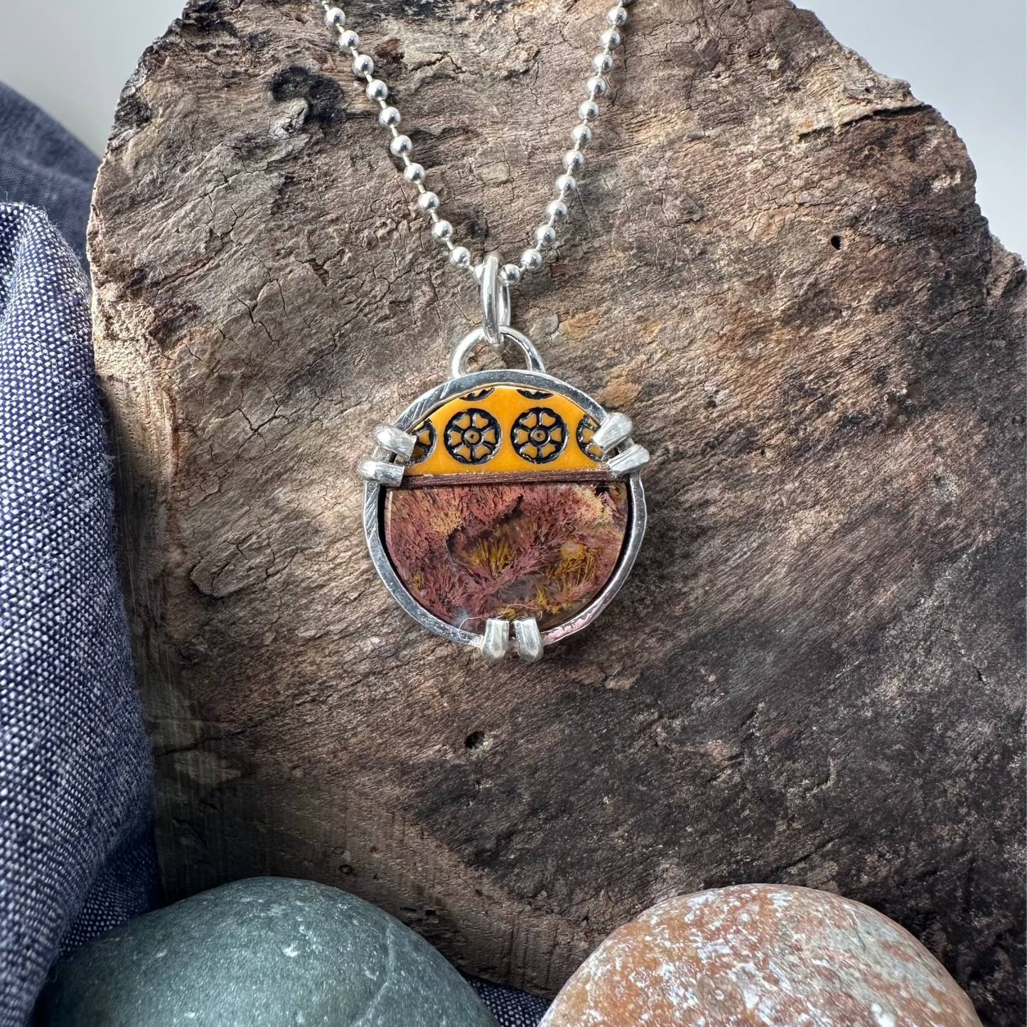 1" round sterling silver pendant on ball chain with mosaic insert made of cathedral agate, butterscotch Bakelite mahjong tile and walnut